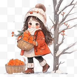 手绘冬天女孩拎着柿子卡通元素