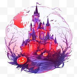 紫色手绘城堡图片_万圣节霓虹光城堡卡通手绘元素