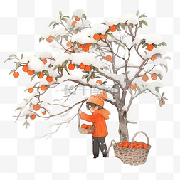 树上木瓜树上图片_柿子树下孩子玩耍冬天卡通手绘元