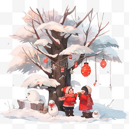 冬天手绘柿子树下孩子玩耍卡通元