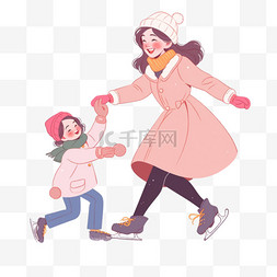 母女背景图片_冬天母女滑冰手绘元素卡通
