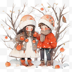 冬天柿子树图片_可爱的孩子柿子树卡通手绘冬天元