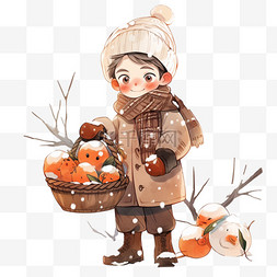 男孩拎着柿子卡通冬天手绘元素