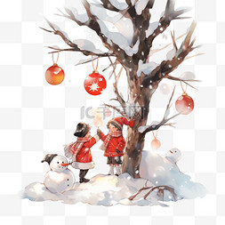 卡通冬天柿子树下孩子玩耍手绘元