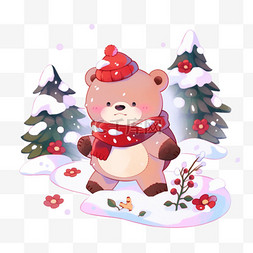抱着雪球图片_卡通冬天可爱小熊松树雪天手绘元