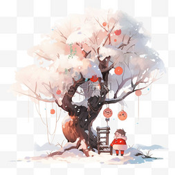 一层一图片_手绘冬天柿子树下孩子玩耍卡通元