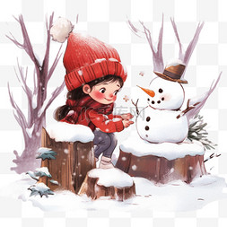 雪地冬天树木孩子卡通手绘元素