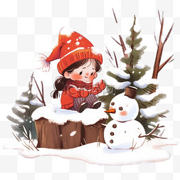 雪地树木孩子卡通手绘冬天元素