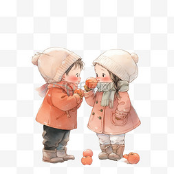 冬天柿子树图片_冬天可爱的孩子卡通柿子树手绘元