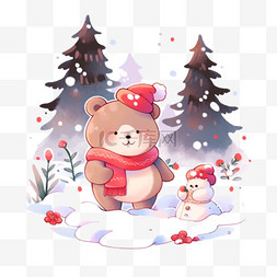 可爱小熊松树雪天冬天卡通手绘元