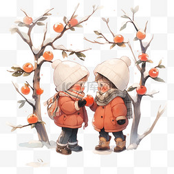 结满了图片_冬天可爱的孩子手绘柿子树卡通元