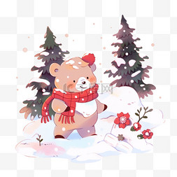 可爱小熊松树雪天卡通手绘冬天元