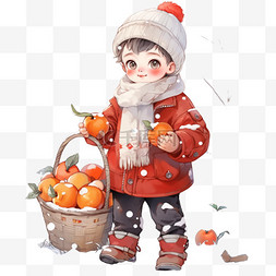 男孩冬天拎着柿子卡通手绘元素