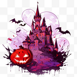 紫色手绘城堡图片_卡通万圣节城堡霓虹光手绘元素