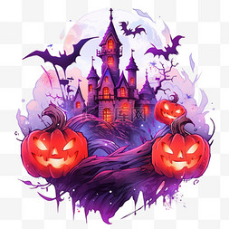 紫色手绘城堡图片_万圣节城堡霓虹光手绘卡通元素