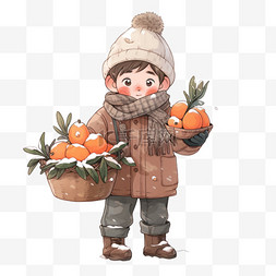 冬天拎着柿子男孩卡通手绘元素