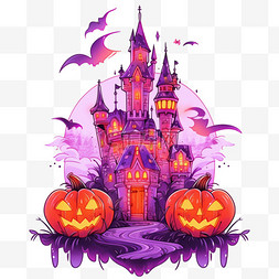 紫色手绘城堡图片_万圣节城堡霓虹光卡通手绘元素