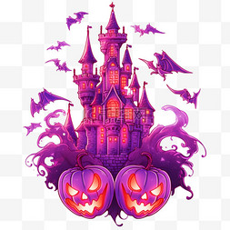 紫色手绘城堡图片_万圣节城堡手绘元素霓虹光卡通