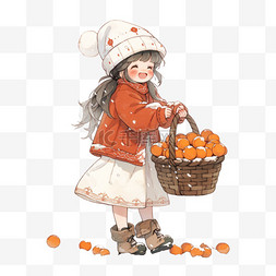 冬天女孩拎着柿子手绘元素卡通