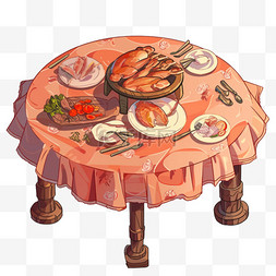 白色桌布桌子图片_团聚一桌美味饭菜手绘元素新年