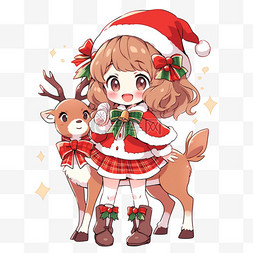 可爱麋鹿红色图片_圣诞节可爱的女孩小鹿手绘礼物卡