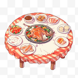 桌布的桌子图片_手绘新年团聚一桌美味饭菜元素
