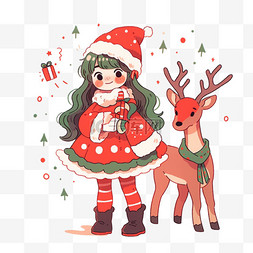 小鹿女孩图片_圣诞节可爱的女孩手绘小鹿礼物卡