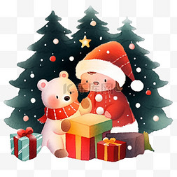 熊和小女孩图片_圣诞节手绘元素小熊礼物卡通
