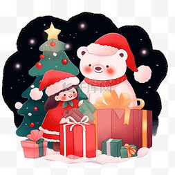 圣诞树礼物卡通图片_小熊礼物卡通手绘圣诞节元素