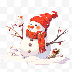可爱雪地雪人图片_冬天可爱的雪人卡通小鸟手绘元素