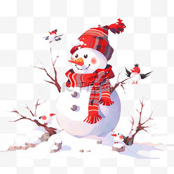 开心的小鸟图片_冬天可爱的雪人小鸟手绘元素卡通