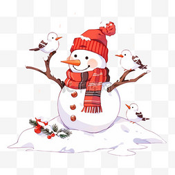 红色手绘的帽子图片_可爱的雪人小鸟卡通冬天手绘元素