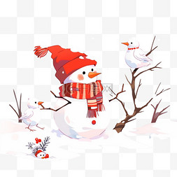 可爱雪地雪人图片_冬天手绘元素可爱的雪人小鸟卡通
