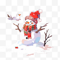 冬天卡通手绘可爱的雪人小鸟元素