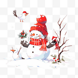 冬天卡通可爱的雪人小鸟手绘元素