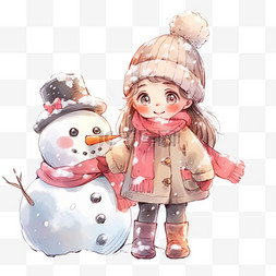 手绘雪地女孩图片_冬天手绘元素可爱女孩雪人卡通