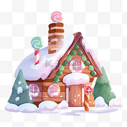 冬天雪松树图片_冬天手绘元素覆盖雪的糖果屋卡通