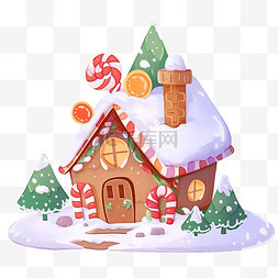 冬天手绘覆盖雪的糖果屋卡通元素