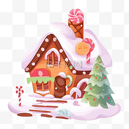 松树上有雪图片_冬天覆盖雪的糖果屋手绘卡通元素