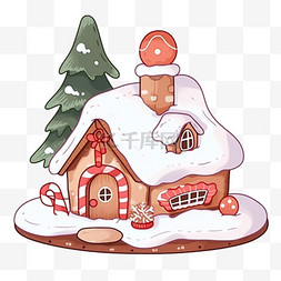 有雪松树图片_冬天覆盖雪的卡通手绘元素糖果屋