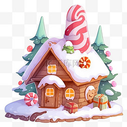 冬天糖果屋覆盖雪的卡通手绘元素
