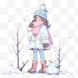 电线杆小鸟图片_可爱女孩雪人卡通手绘元素冬天