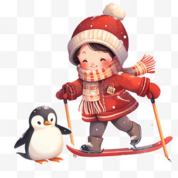 可爱的孩子企鹅卡通手绘元素冬天