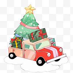 圣诞节小车手绘拉礼物圣诞树卡通