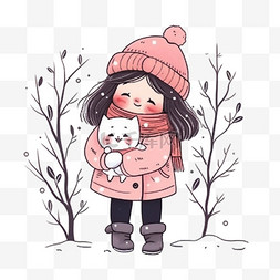 冬天卡通雪地里女孩小猫树木手绘