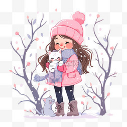 可爱粉色卡通小猫图片_冬天雪地里女孩卡通小猫树木手绘
