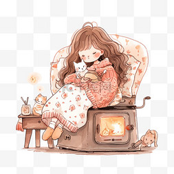 女孩沙发上取暖冬天卡通手绘元素
