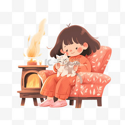 卡通取暖图片_冬天卡通手绘女孩沙发上取暖元素