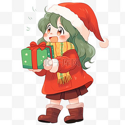 圣诞节卡通手绘可爱女孩拿着礼盒