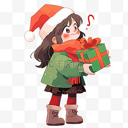 圣诞节可爱女孩卡通手绘拿着礼盒